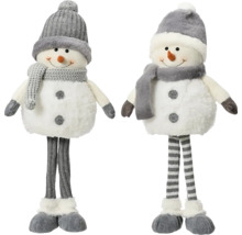 Två tygsnögubbar med mössor och halsdukar som juldekoration