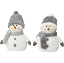 Två snögubbar i tyg med mössor och halsdukar