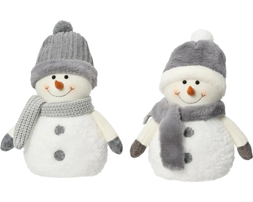 Snögubbe 29cm blandade utföranden Två snögubbar i tyg med mössor och halsdukar