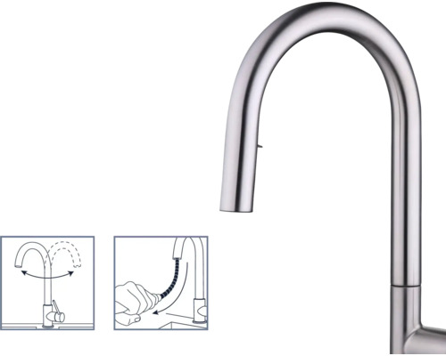 Köksblandare i rostfritt stål med svängbar pip och duschslang