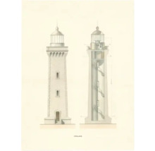 En illustration av en fyr med exteriör- och interiörvy.