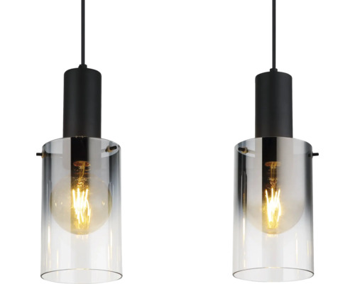 Två hänglampor med glascylindrar och svarta upphängningar