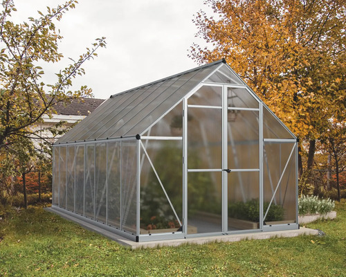 Växthus CANOPIA by Palram Essence polykarbonat 4mm 244x607cm 14,81m² silver Växthus i trädgården med transparenta väggar och metallram