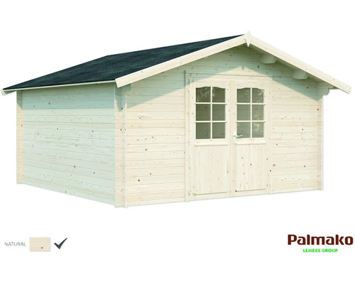 Trädgårdshus i trä med dubbeldörr och svart tak