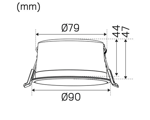 Teknisk ritning av en infälld spotlight med mått i millimeter