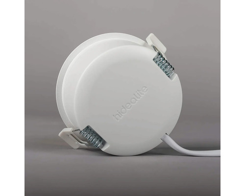 Infälld spotlight med Hidealite logotyp och fjädermekanism