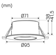Mått på en infälld lampa med en diameter på 71 millimeter och 95 millimeter.