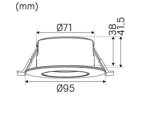 Teknisk ritning av en rund infälld lampa med dimensioner