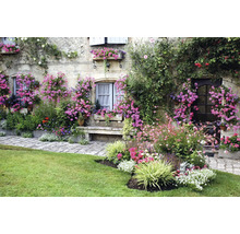 Fasad av ett hus dekorerat med blommor, trädgård med gräsmatta
