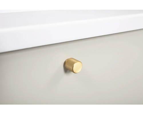 Närbild av en möbel med en rund, gyllene möbelknapp