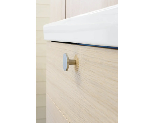 Detalj av badrumsskåp med låda och runt handtag