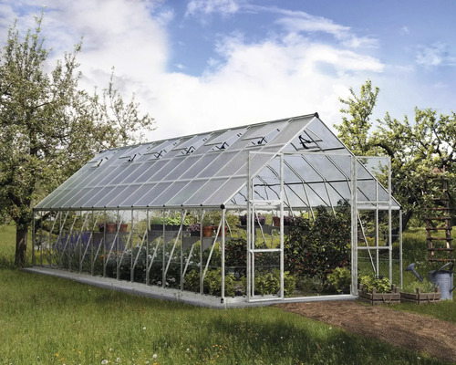 Växthus CANOPIA by Palram Balance polykarbonat 0,7mm 304x844cm 25,65m² silver Växthus med växter i trädgården