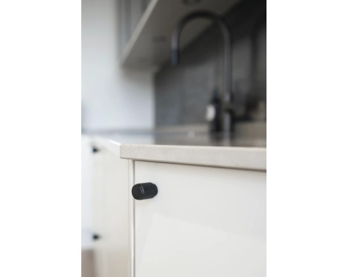 Detaljbild av en köksdel med diskho och svart, cylindrisk möbelknapp