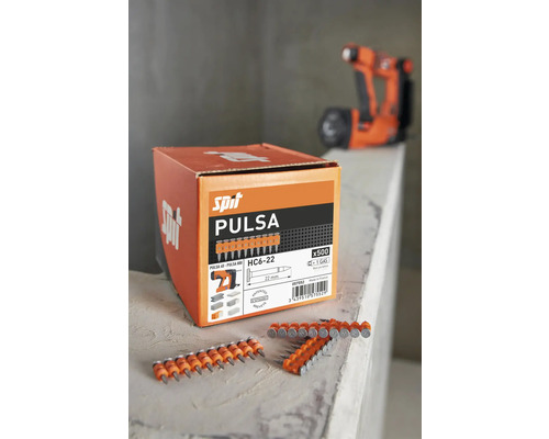 Förpackning Spit Pulsa HC6-22 fästelement med gaspatron och bultpistol i bakgrunden