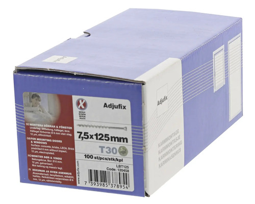 Förpackning Adjufix skruvar 7,5x125 millimeter för montering av dörrar och fönster
