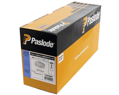 Förpackning med Paslode elektrogalvaniserade släta spikar, 3,0 x 22 millimeter, 1000 stycken