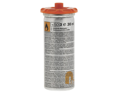 Sprayburk med varningar för extrem brandfarlighet och 30 milliliter innehåll