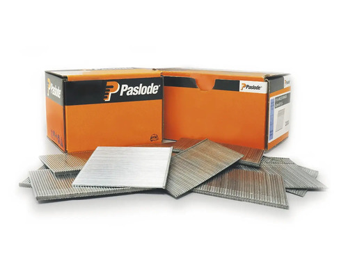 Paslode logotyp framför två paket och enskilda bandspik