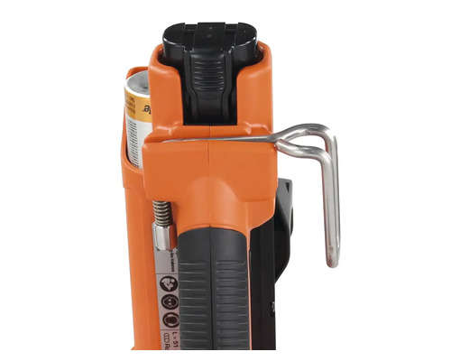 Detaljvy av en orange bultpistol.
