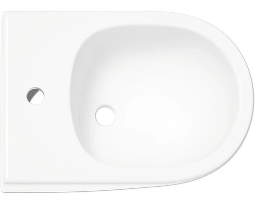 Bild av ett vitt tvättställ med kranhål