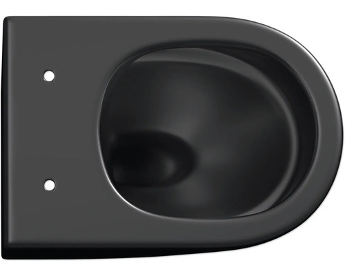 Svart vägghängd toalettstol med djup spoling i keramik, ovanifrån