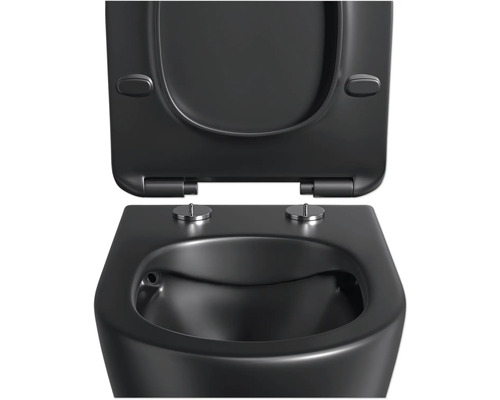 Svart vägghängd toalett med öppen spolkant och toalettsits