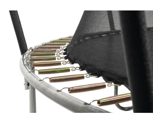 Detaljvy av en studsmatta med fjädrar och säkerhetsnät