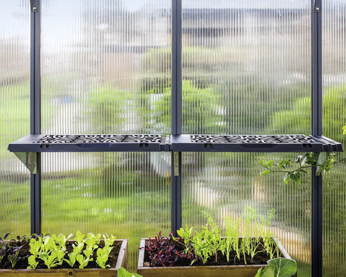 Växthus interiör med hylla och planteringslådor