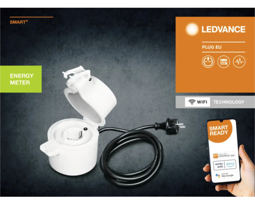 Ledvance Smart Plus energimätare för utomhusbruk med tillhörande app på en smartphone