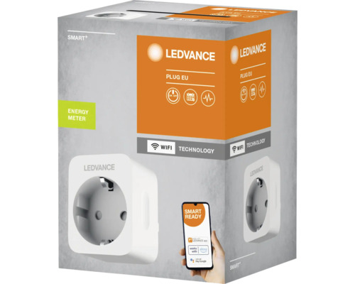 Ledvance Smart Plug EU förpackning med produktbild och smartphone app symboler