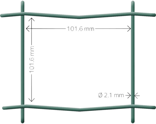 Trädgårdsstaket HORTUS maska 100x100mm 1,2x20m grön Detaljvy av ett stängselelement med måttangivelser: 101,6 millimeter maskstorlek och 2,1 millimeter trådtjocklek