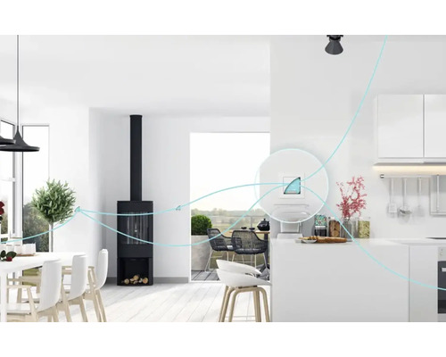 Ljust vardagsrum med matplats, kök och vedspis