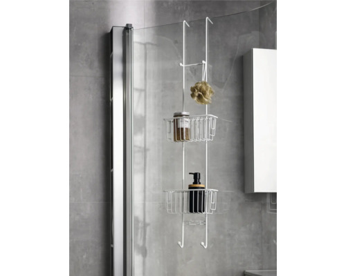 Duschhylla för upphängning med två korgar och krokar