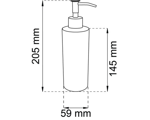 Mått på en tvåldispenser: 205 mm höjd, 145 mm kroppshöjd, 59 mm diameter.
