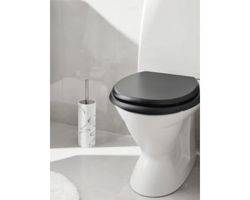 Toalett och toalettborste med behållare i badrummet