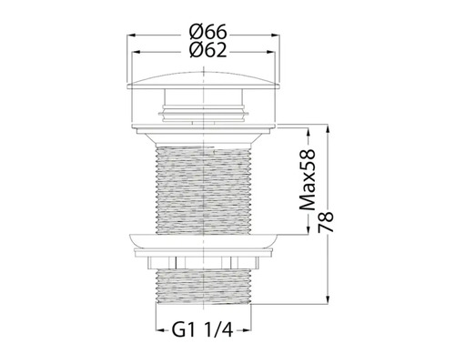 Teknisk ritning av en avloppsventil med måtten diameter 66 millimeter, diameter 62 millimeter, maximalt 58 millimeter, 78 millimeter och G 1 1/4