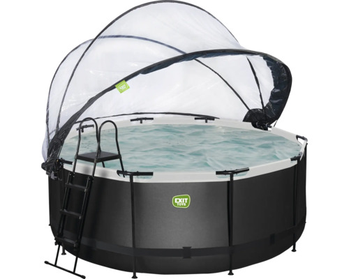 Rund pool med poolstege och pooltak