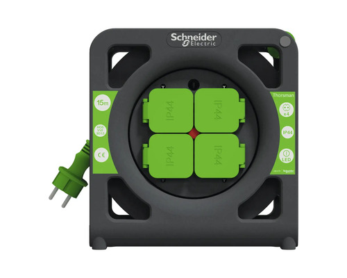 Schneider Electric kabelvinda med fyra uttag och 15 meters kabellängd