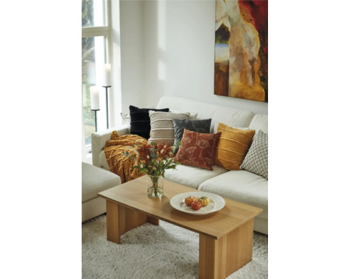 Vardagsrum med soffa, kuddar, soffbord, matta och dekoration