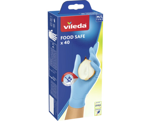 Engångshandske VILEDA Food Safe blå strl M/L 40-pack Vileda engångshandskar, lämpliga för livsmedel, storlek M till L, 40 stycken, av nitril och latexfri