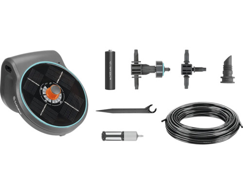 Gardena solcellbevattningsset med bevattningsdator, batteri, anslutningsstycken och slang Gardena solcellbevattningsset med bevattningsdator, batteri, anslutningsstycken och slang