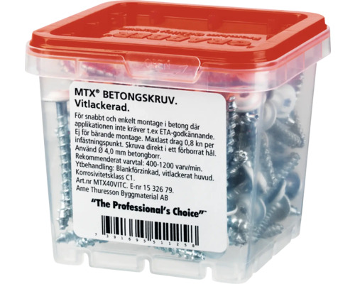 Betongskruvar i transparent plastlåda med rött lock