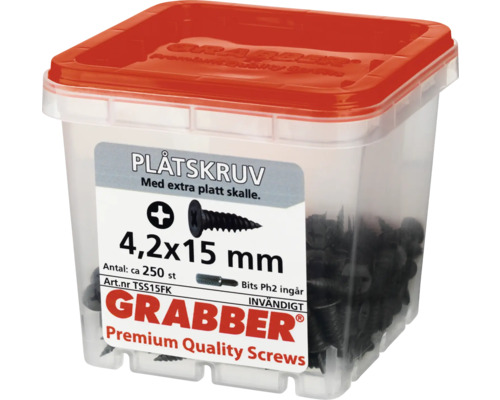 Grabber plåtskruvar 4,2x15 millimeter i transparent plastlåda