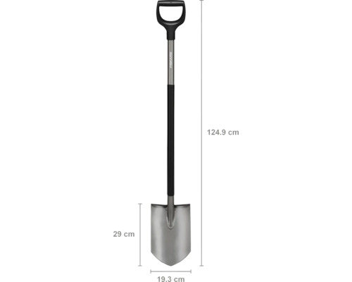 Spat med D-handtag och mått: 124,9 cm längd, 29 cm höjd och 19,3 cm bredd