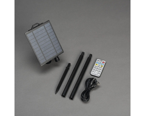 Solpanel med markspett, USB-kabel och fjärrkontroll