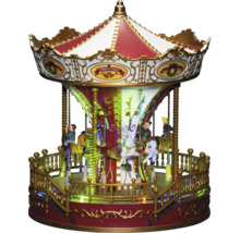 Dekorativ julkarusell med belysning och detaljrika dekorationer.