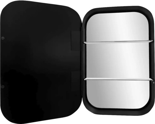 Öppet svart spegelskåp med två hyllor