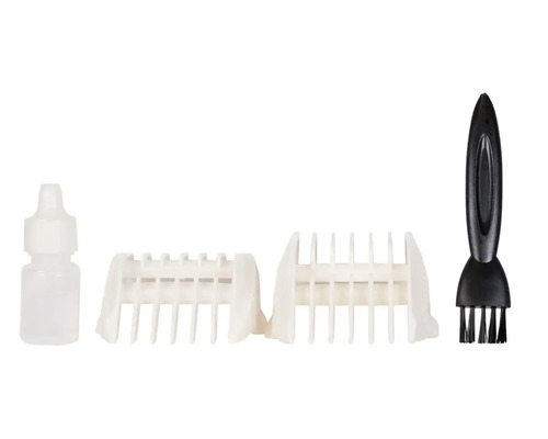 Hårtrimmer tillbehör: olja, rengöringsborste och två fästen