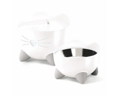 Kattfontän och matskål i kattdesign