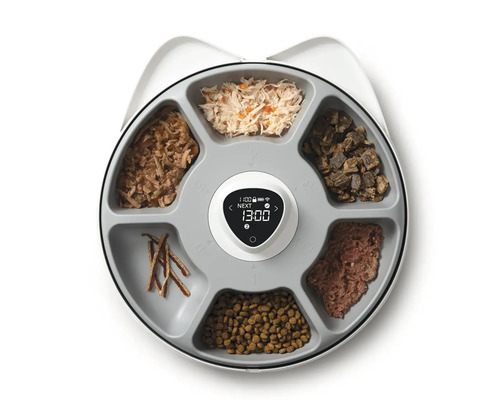 Automatisk husdjursmatare med sex fack och digital tidsvisning.